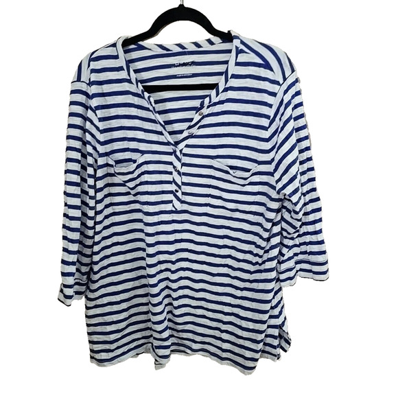 Chico's Nautical Blue Striped Popover Quarter Sleeve Blouse Womans Size XL - Picture 1 of 3